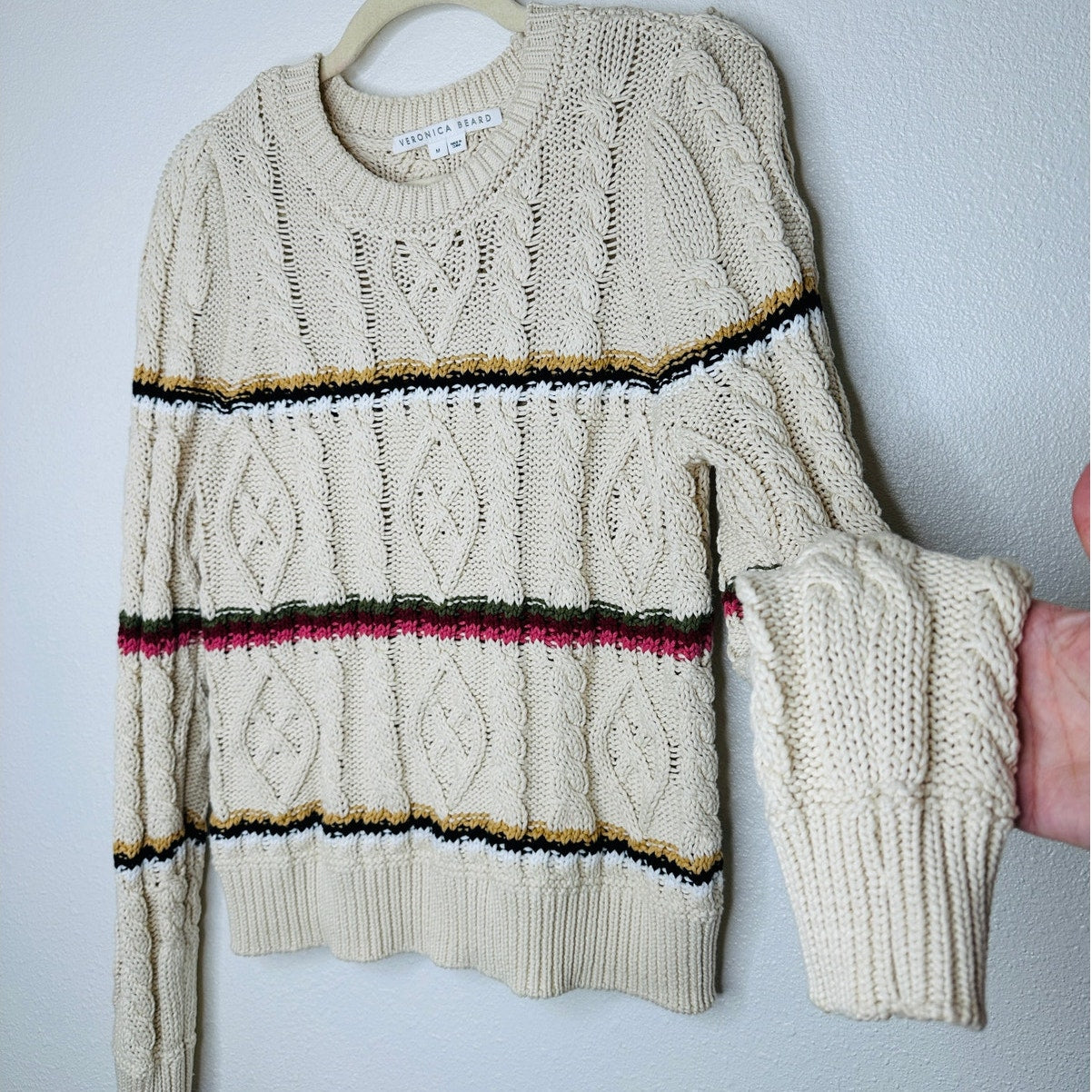 Veronica Beard Bruna Cream Black Multi Stripe Chunky Knit Long Sleeve Sweater M