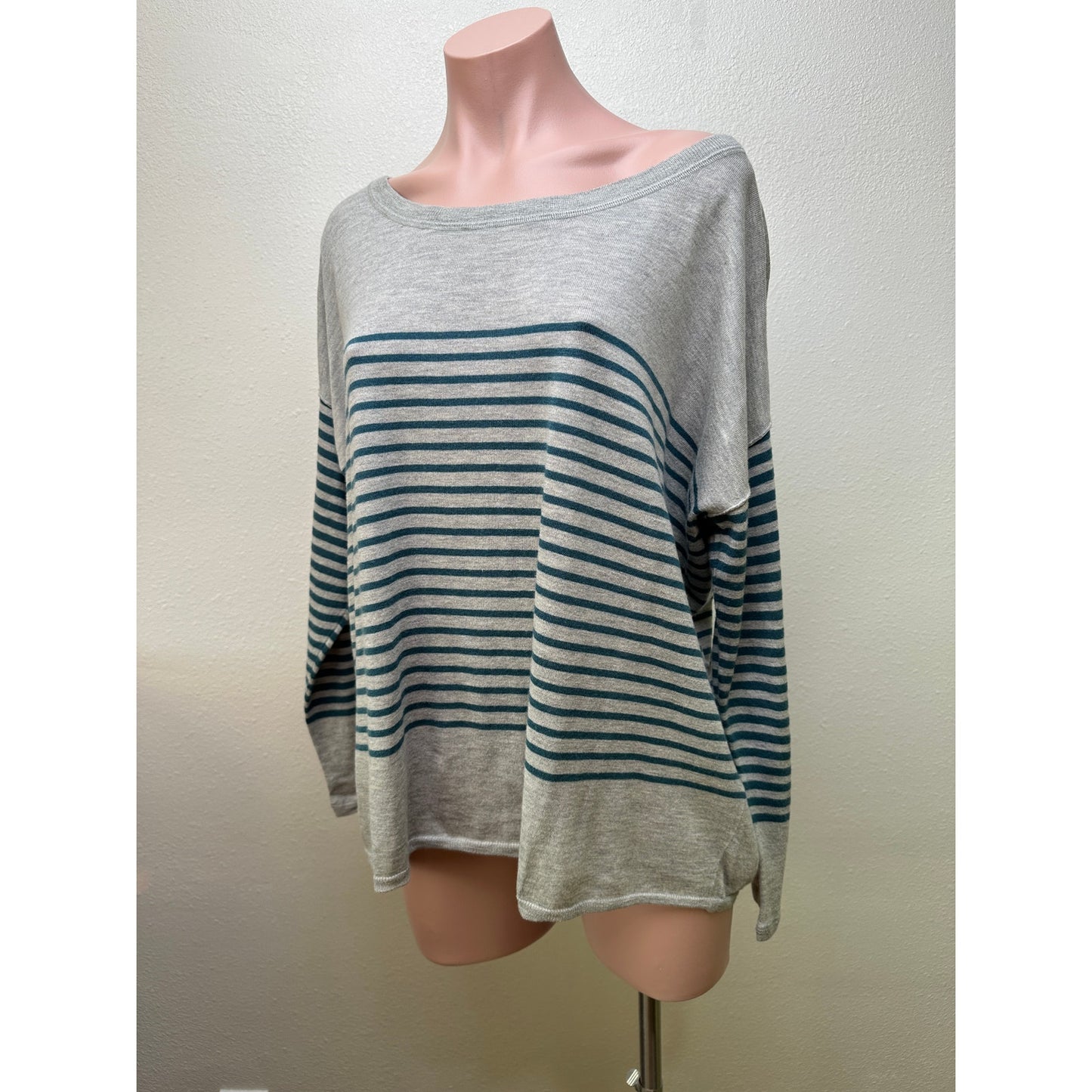 Joie Gray&Teal Striped Lightweight Sweater Top 3/4 Sleeve Boxy L