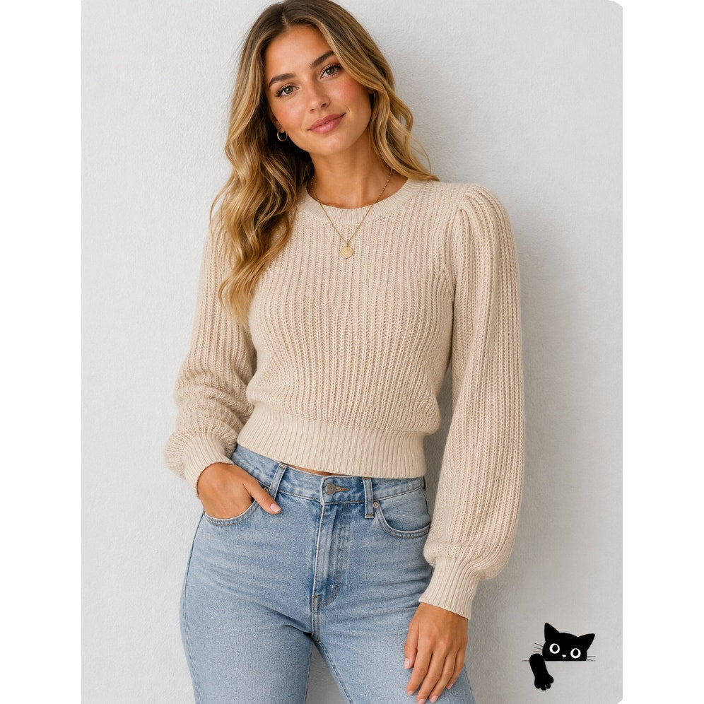 Frame Tan Ribbed Cable Knit Crew Neck Balloon Puff-Sleeve Banded Crop Sweater XS