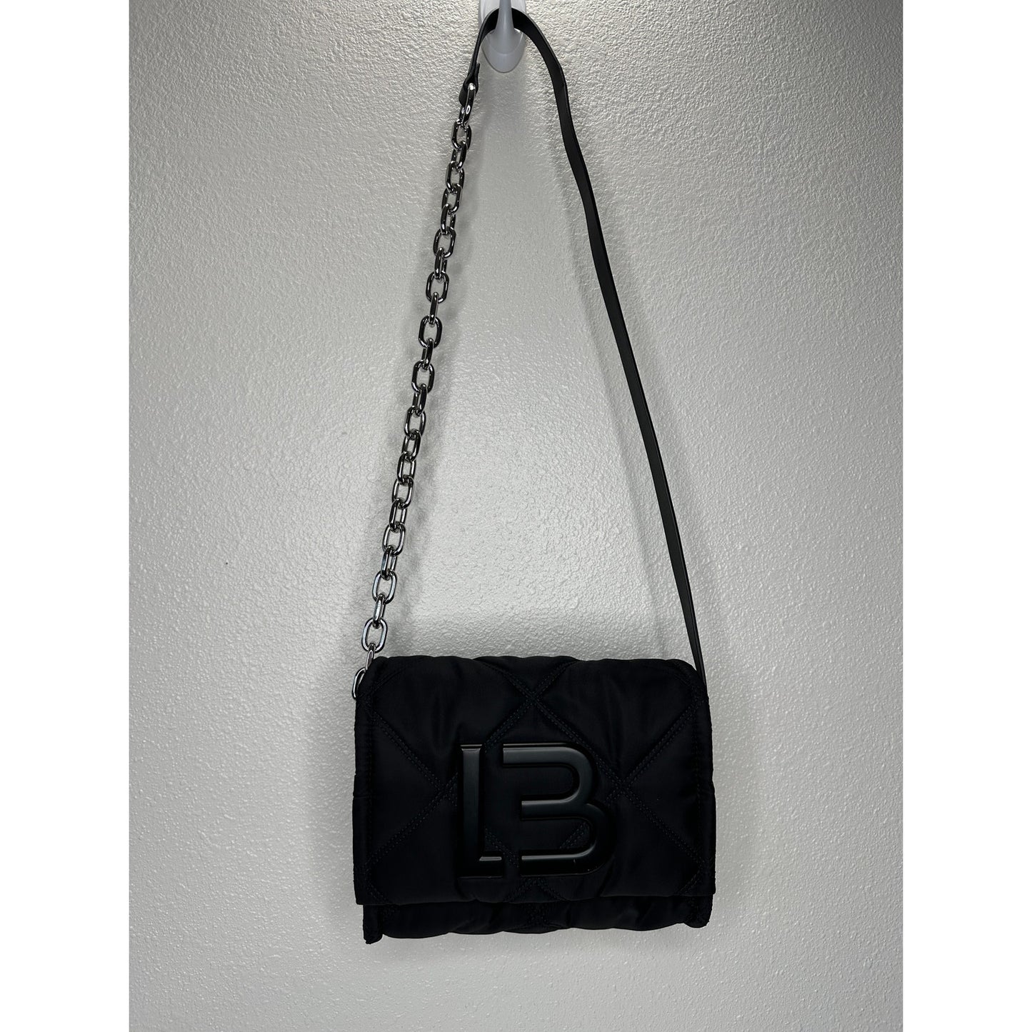 BYL Small Black Padded Nylon Crossbody Bag Leather & Chain Strap
