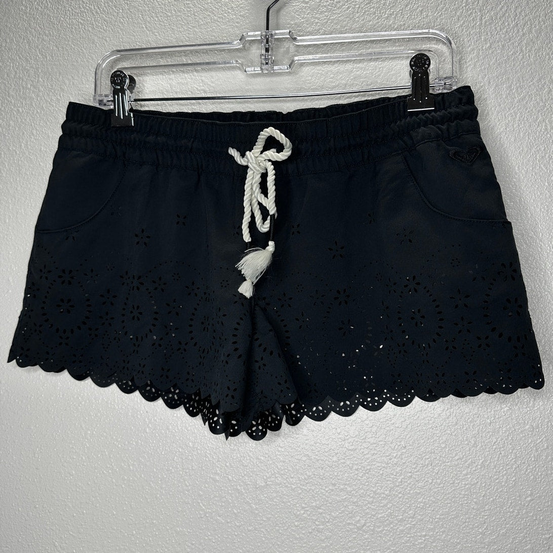 Roxy Black Floral Laser Cut Scalloped Edge Tie Waist Shorts S