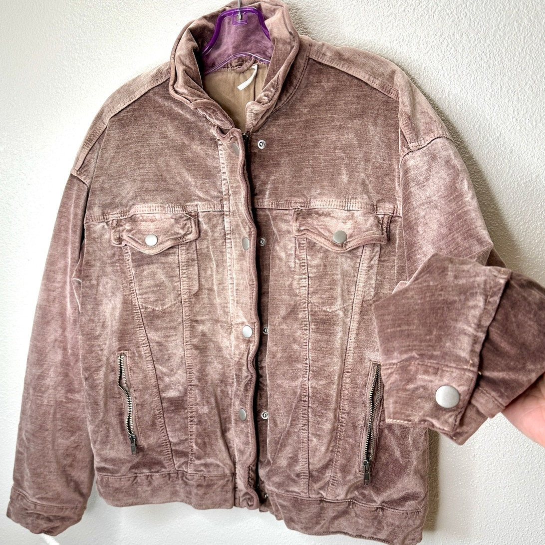 Free People Mauve Velvet Front Zip Trucker Bomber Jacket XS / S