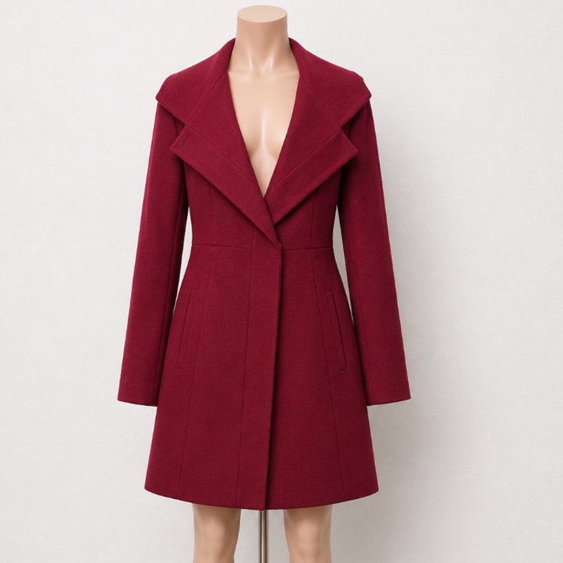 Mossimo Burgundy Red Wool Fitted Long Line Front two Button Coat Welt Pockets XS