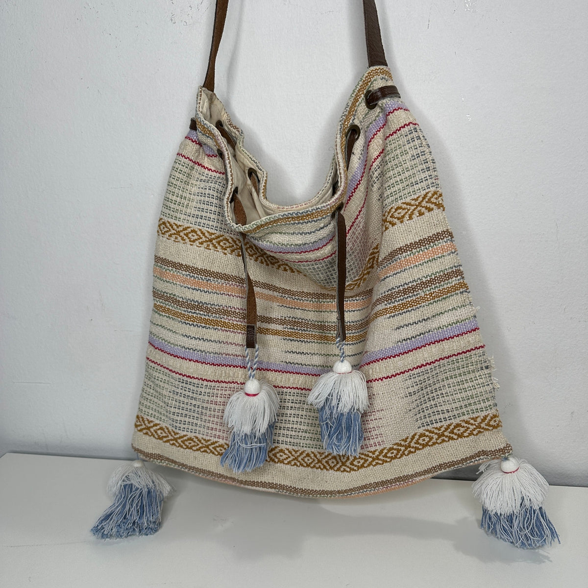Lovestitch Tan Multicolor Striped Canvas Boho Bag Drawstring Snap Closure