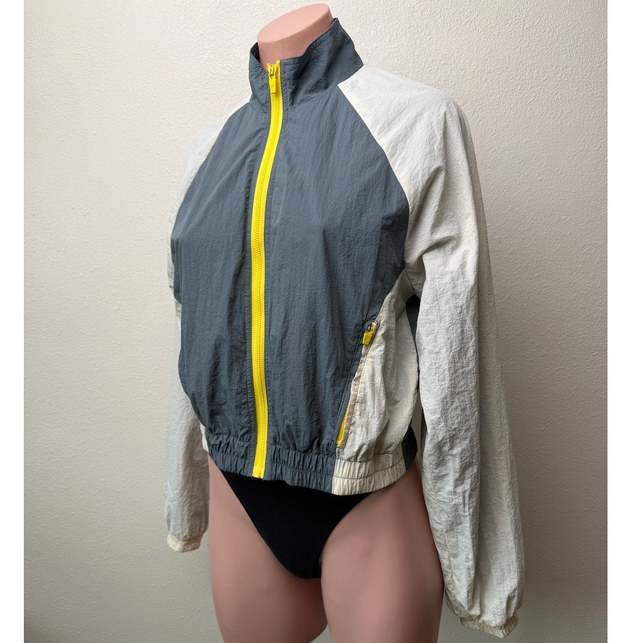 Fabletics Alayia Color Block Windbreaker Jacket Gray White Yellow Size S