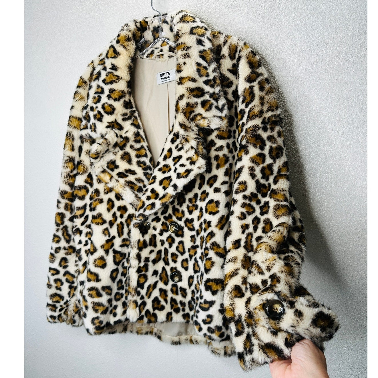 Betta Corradi Cream Brown Black Leopard Print Fuzzy Double Breasted Jacket
