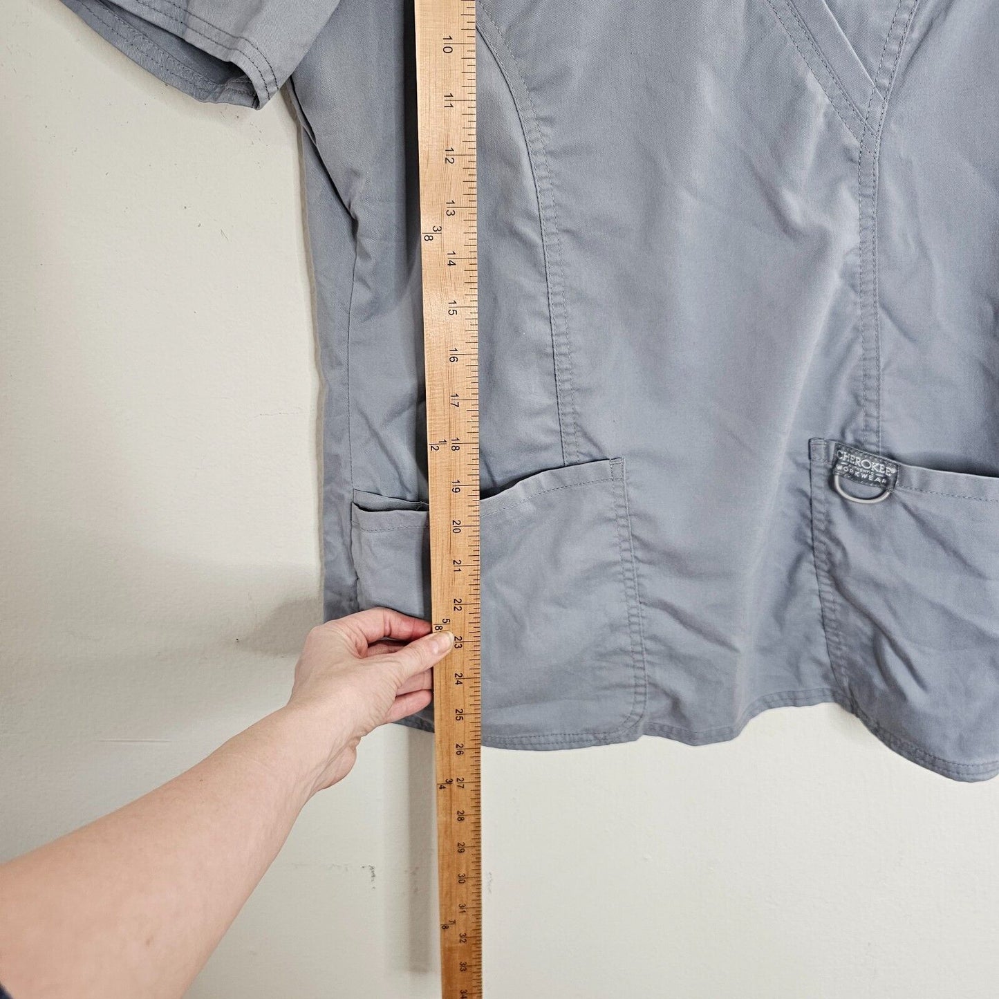 Cherokee Workwear Revolution Gray-Blue Mock Wrap V-Neck Patch Pockets Scrub Top