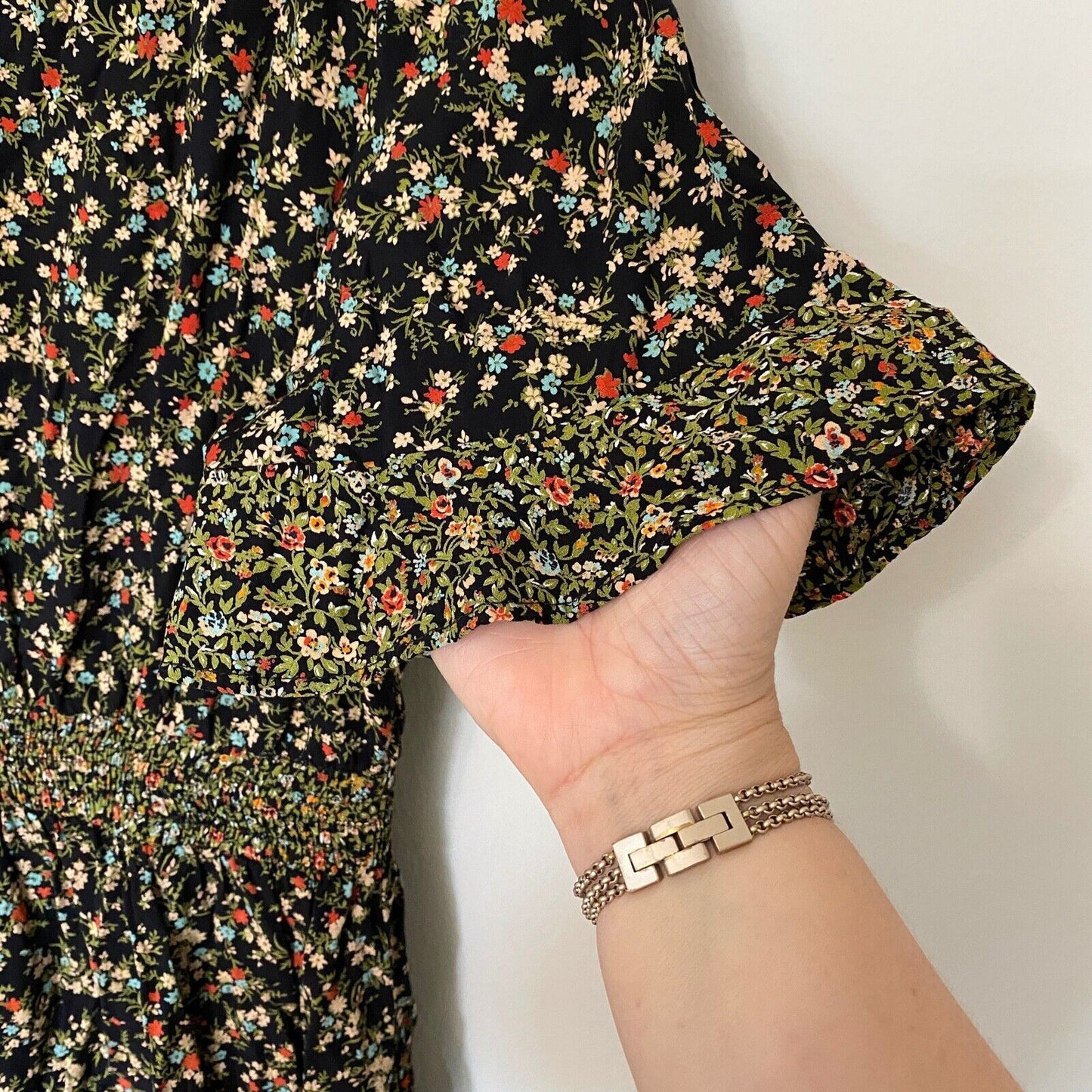 Zara Peasant Boho Black Multi Floral Tiered Ruffle Mini Sundress Tie Front Small