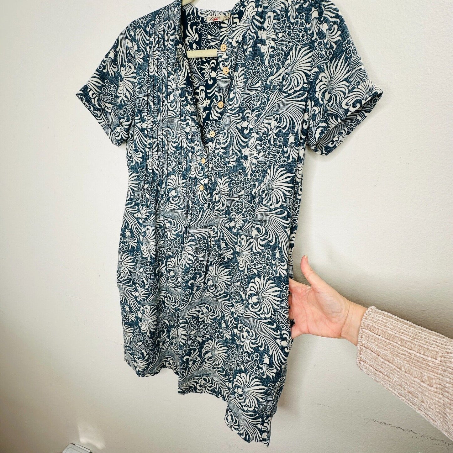 Faherty Cream & Blue Hawaiian Print Gemina Tunic Dress Split VNeck Short Sleeve