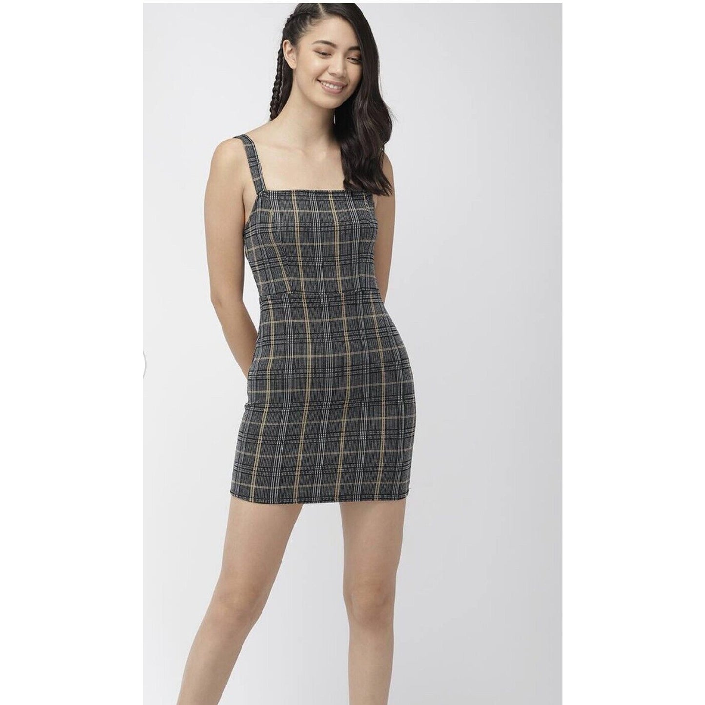 Cute Gold Gray White Black Plaid Sleeveless Knit Jumper Overall Mini Dress Med