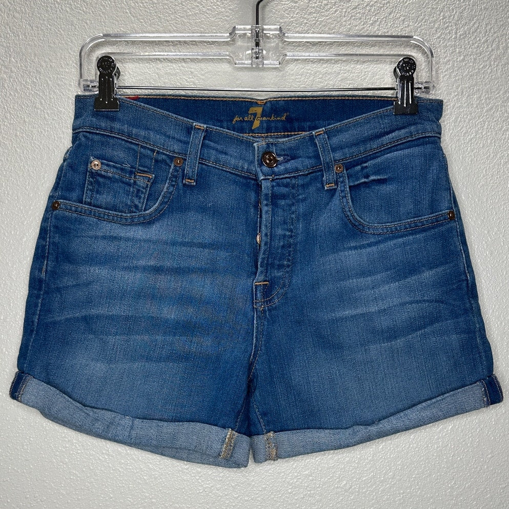 7 For All Mankind Medium Wash Mid Rise Button Fly Roll Up Cuff Jean Shorts 26