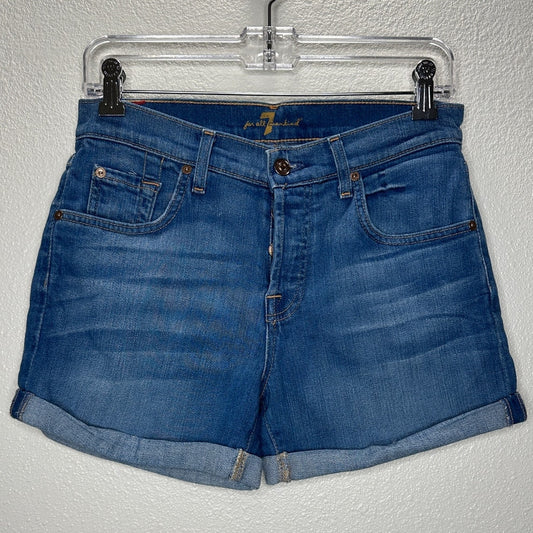 7 For All Mankind Medium Wash Mid Rise Button Fly Roll Up Cuff Jean Shorts 26