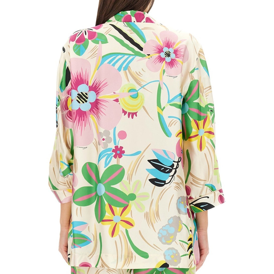NWT Gucci Silk Tan Pink Blue Multi Floral Leaf Printed Blouse 46 / XL