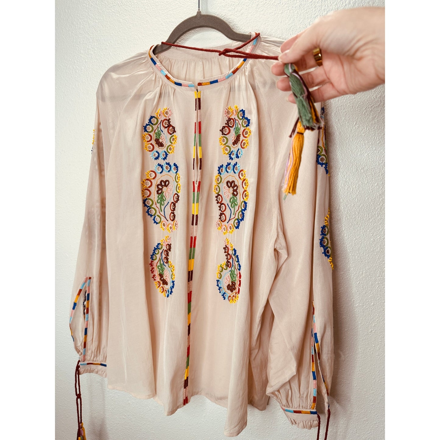 Fortela Ghodsi Tan Multicolor Beade Embroider Print Peasant Blouse 40