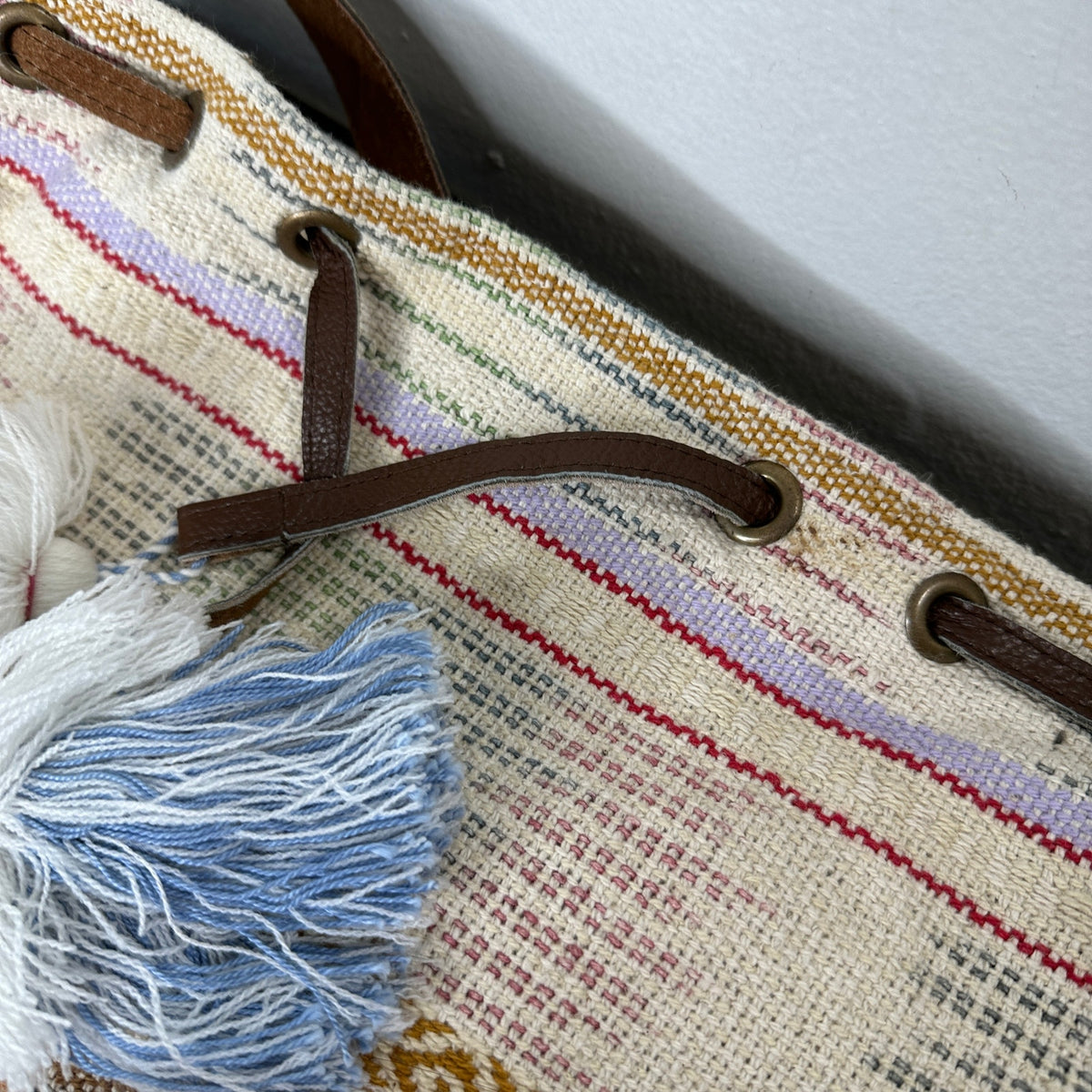 Lovestitch Tan Multicolor Striped Canvas Boho Bag Drawstring Snap Closure