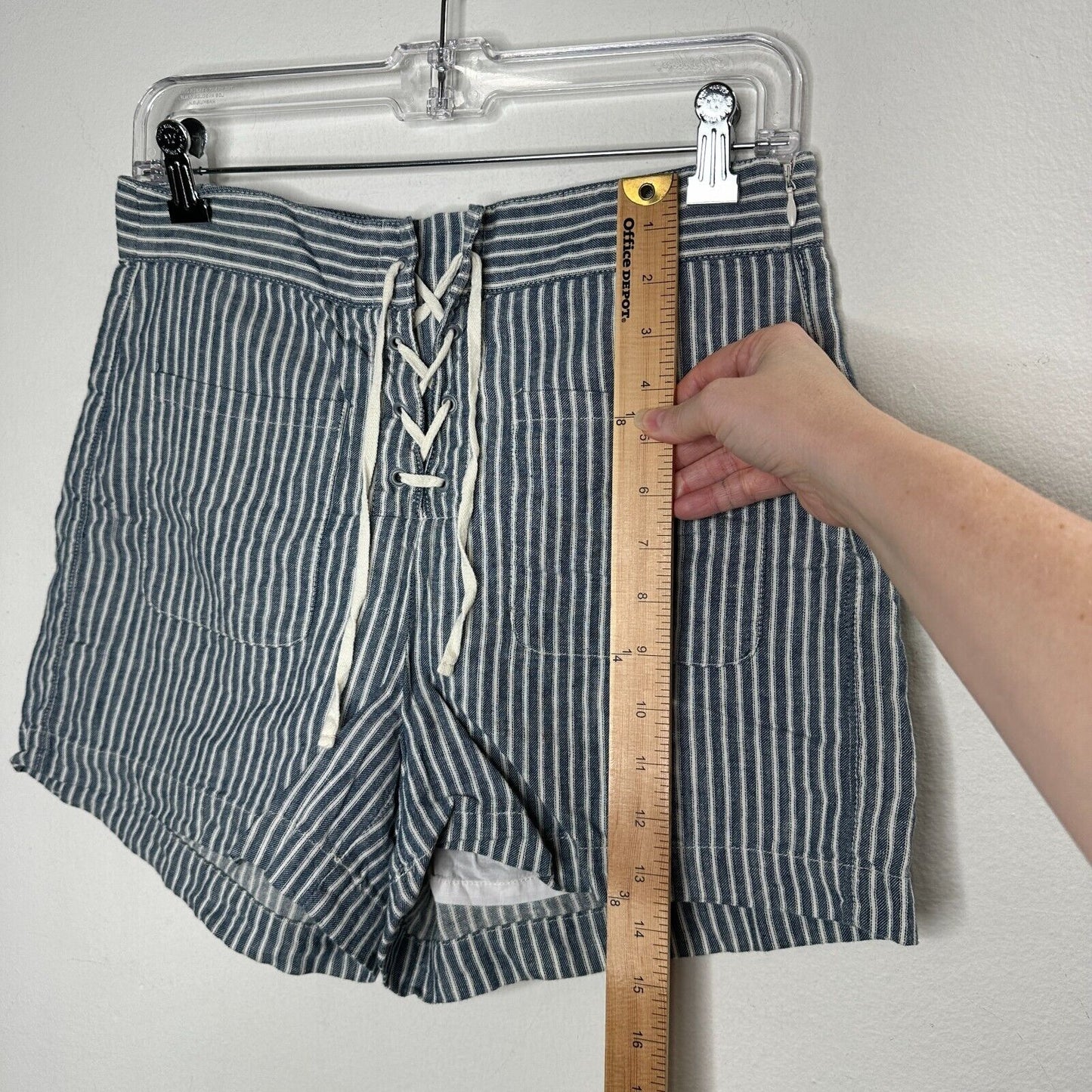 Madewell Jean Blue Off White Striped High Waist Patch Pockets Lace-Up Shorts 4