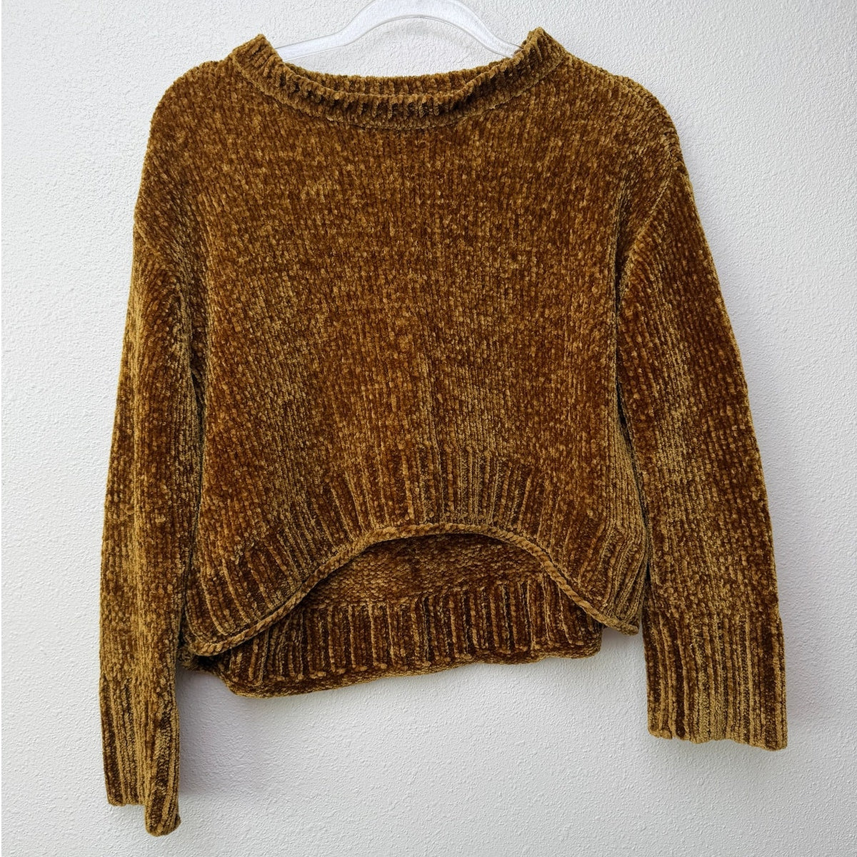 Zara Knit Mustard Gold Chenille Cropped High Low Sweater Women's US S