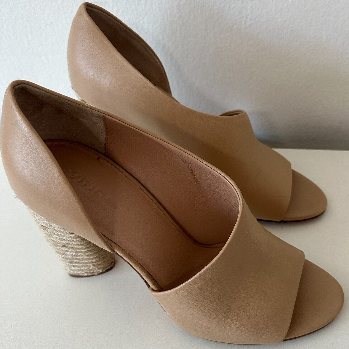 VINCE Percey Taupe Leather Open Toe Block Heel Sandals Jute Wrapped Heels 8.5