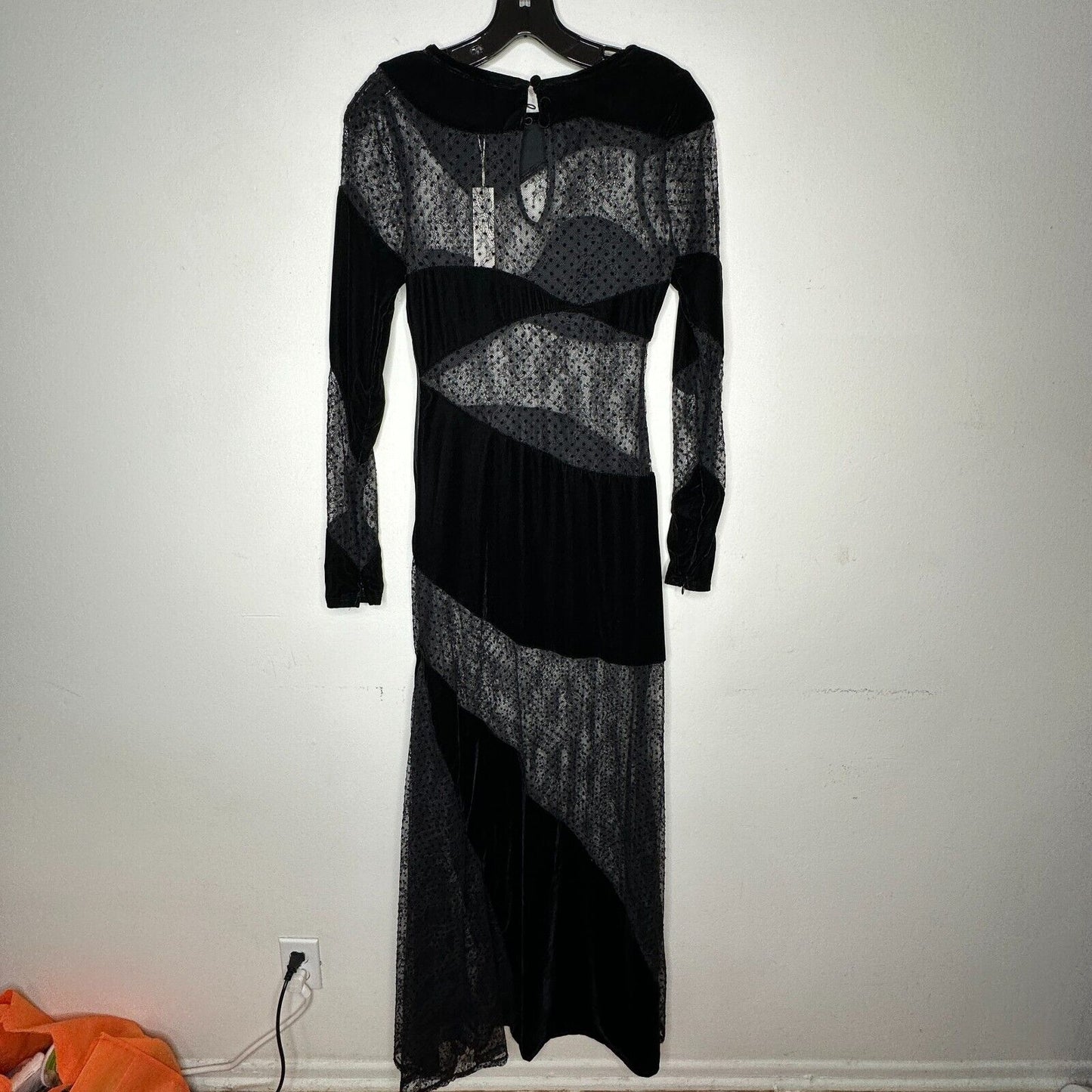 For Love & Lemons Carolyn Sheer Black Velvet Wavy-Flock Dot Lace Panel Dress XS