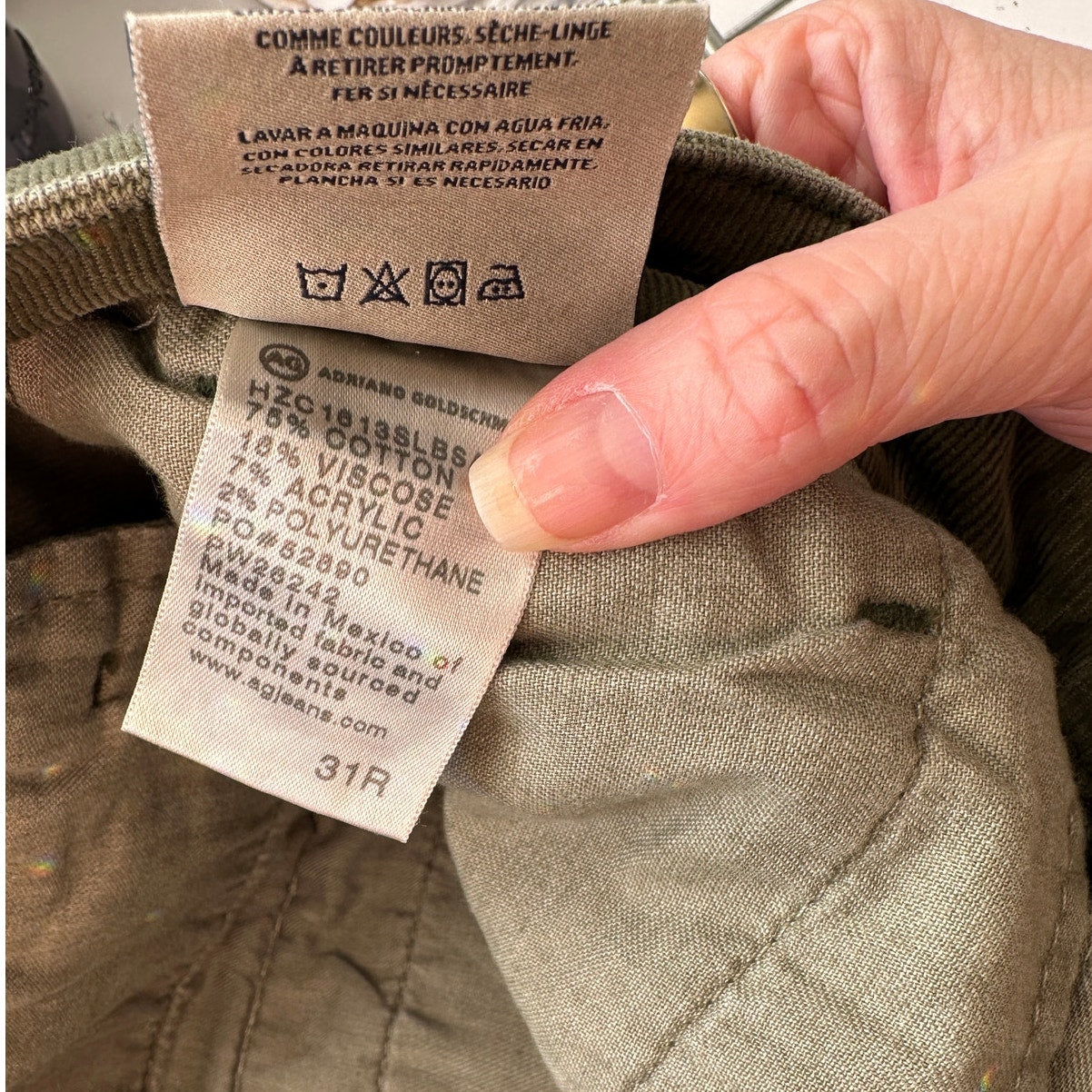 AG Adriano Goldschmied Caden Tailored Corduroy Trousers Olive Green Women’s 31R