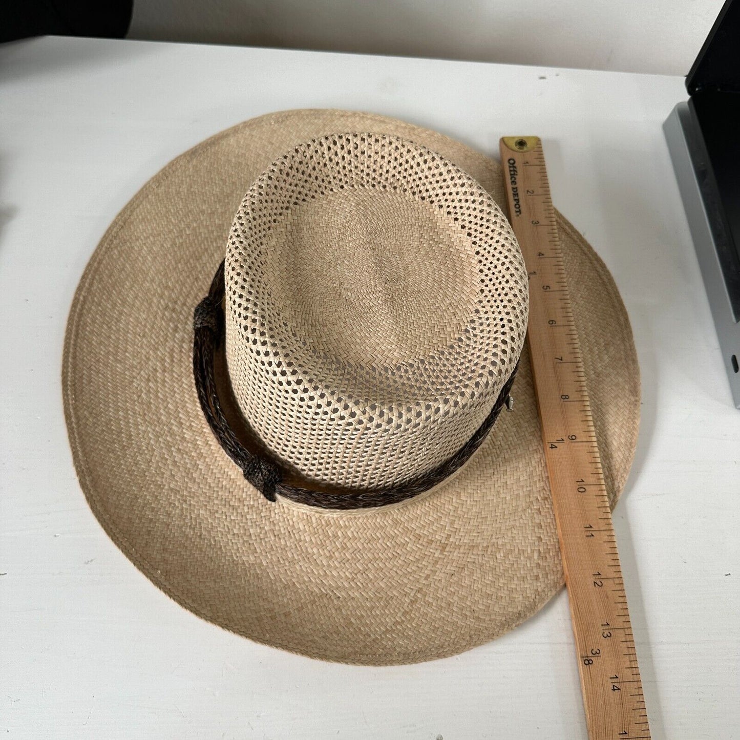 Temple Tan & Brown Basket Weave Rattan Wide Brim Hat Embellished Dark Brown Band