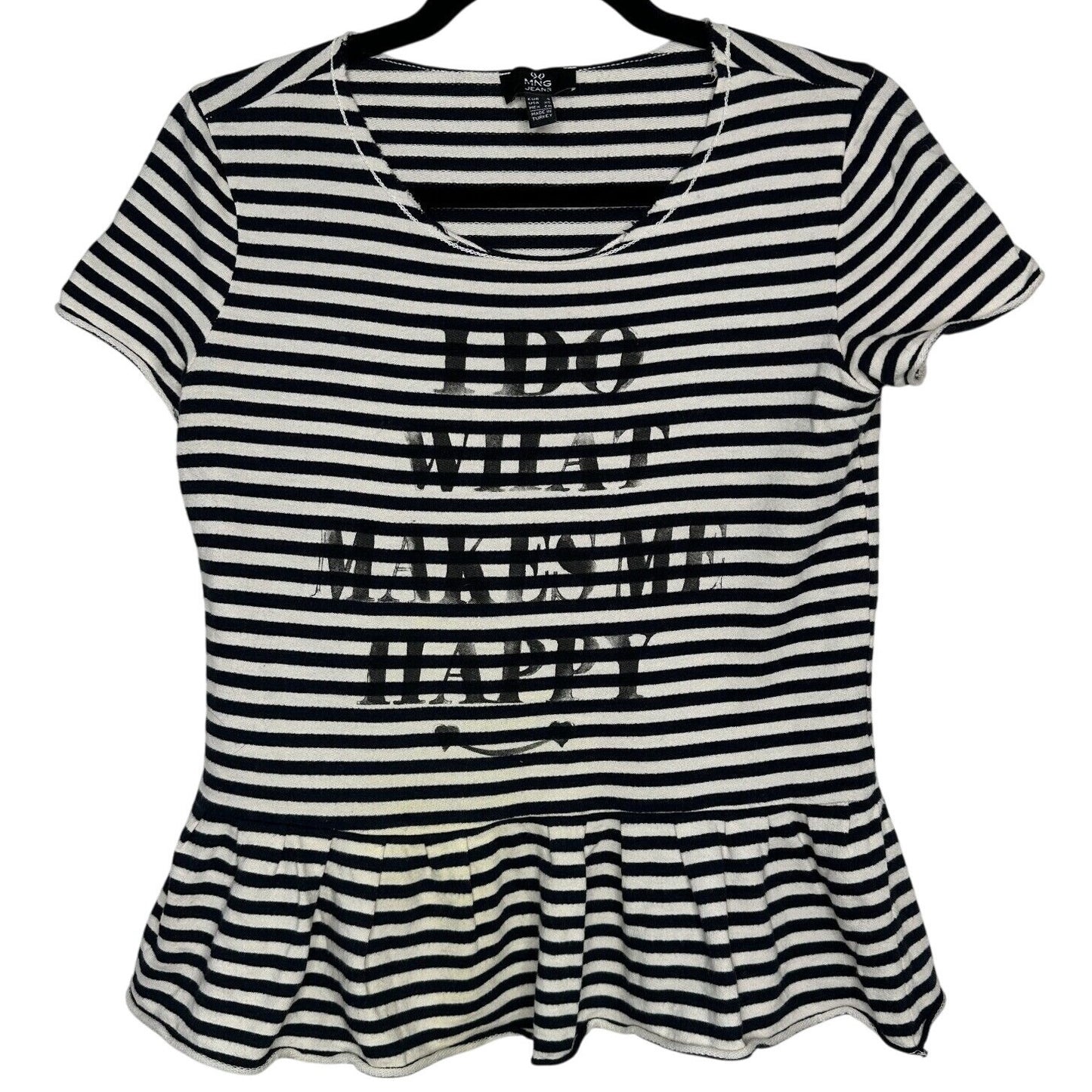 MNG Mango Black White Stripe I Do What Makes Me Happy Short Sleeve Ruffle Tee SM