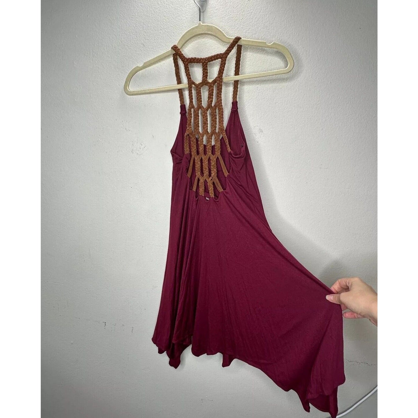 Sky Burgundy Scoop Neck Hand Braided Leather Design Back Strap Flowy Dress XS