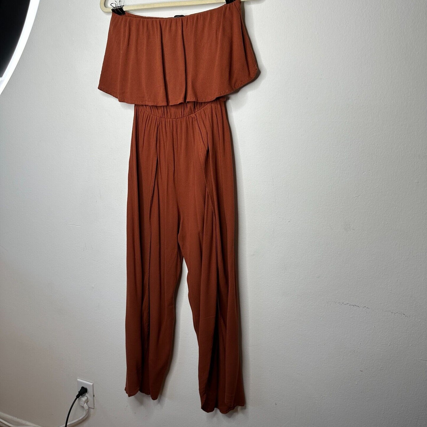 Angl Rust Bronze Brown Bandeau Ruffle Off-Shoulder Harem Slit Pant Jumpsuit SM