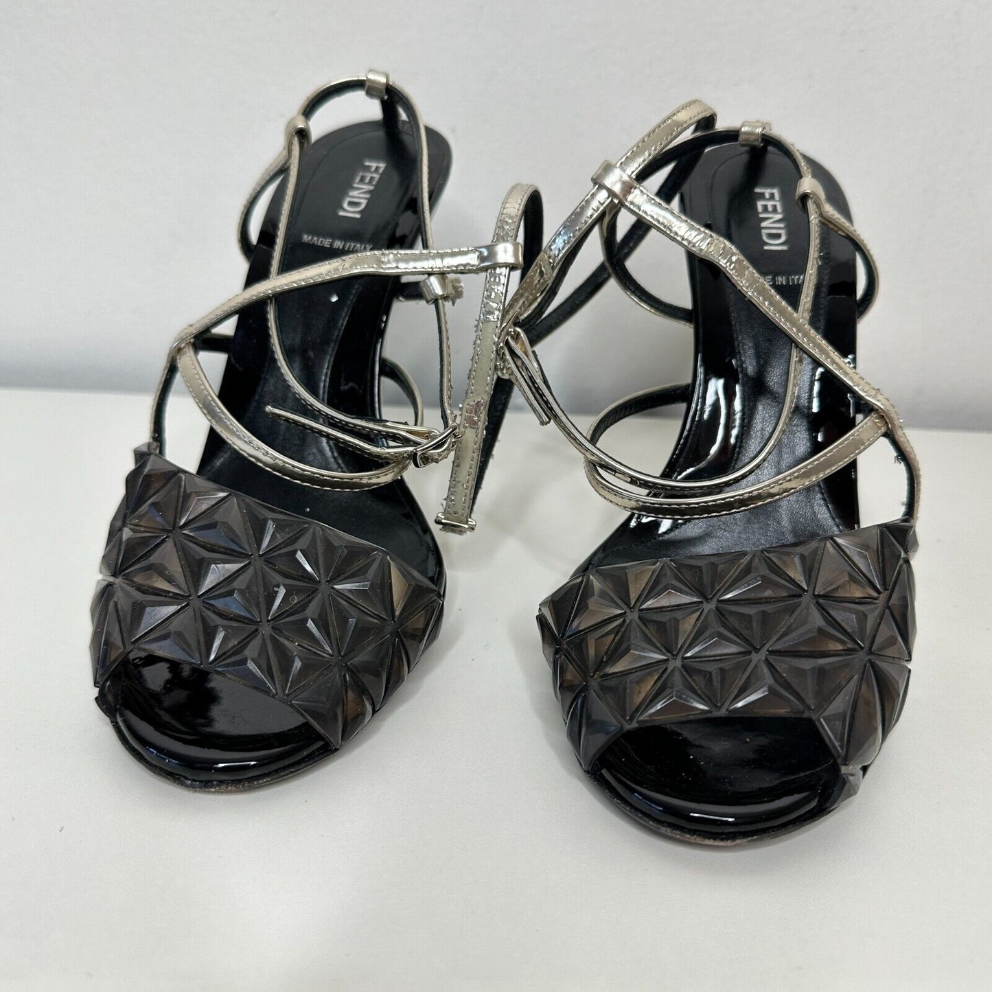 Fendi Cute Black Silver Iridia PVC Buckle Pyramid Metallic Strap Sandals 39