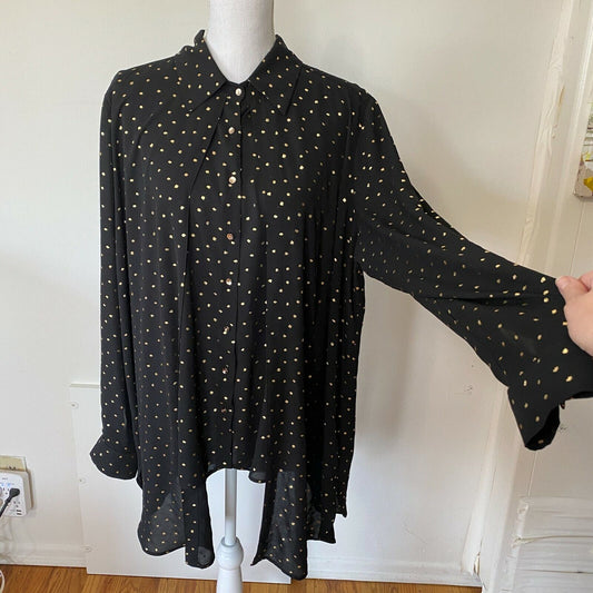 Cartise Black and Gold Polka Dot Button Down Shirt Sheer Front Overlay Panel 14