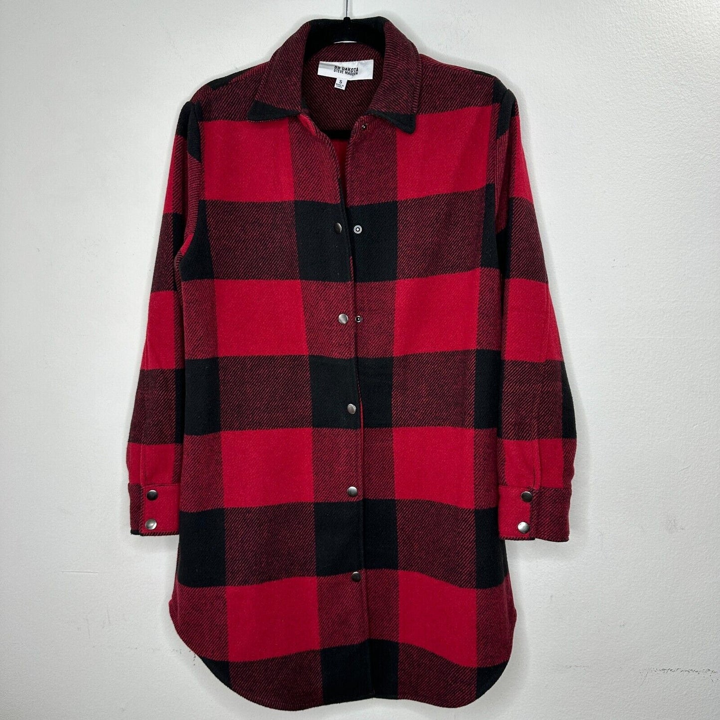 BB Dakota Red Black Buffalo Plaid Snap Front Long Sleeve Shirttail Hem Jacket S