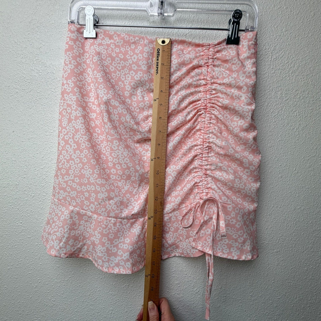 Pink Floral Ruched Ruffle Mini Skirt Womens S