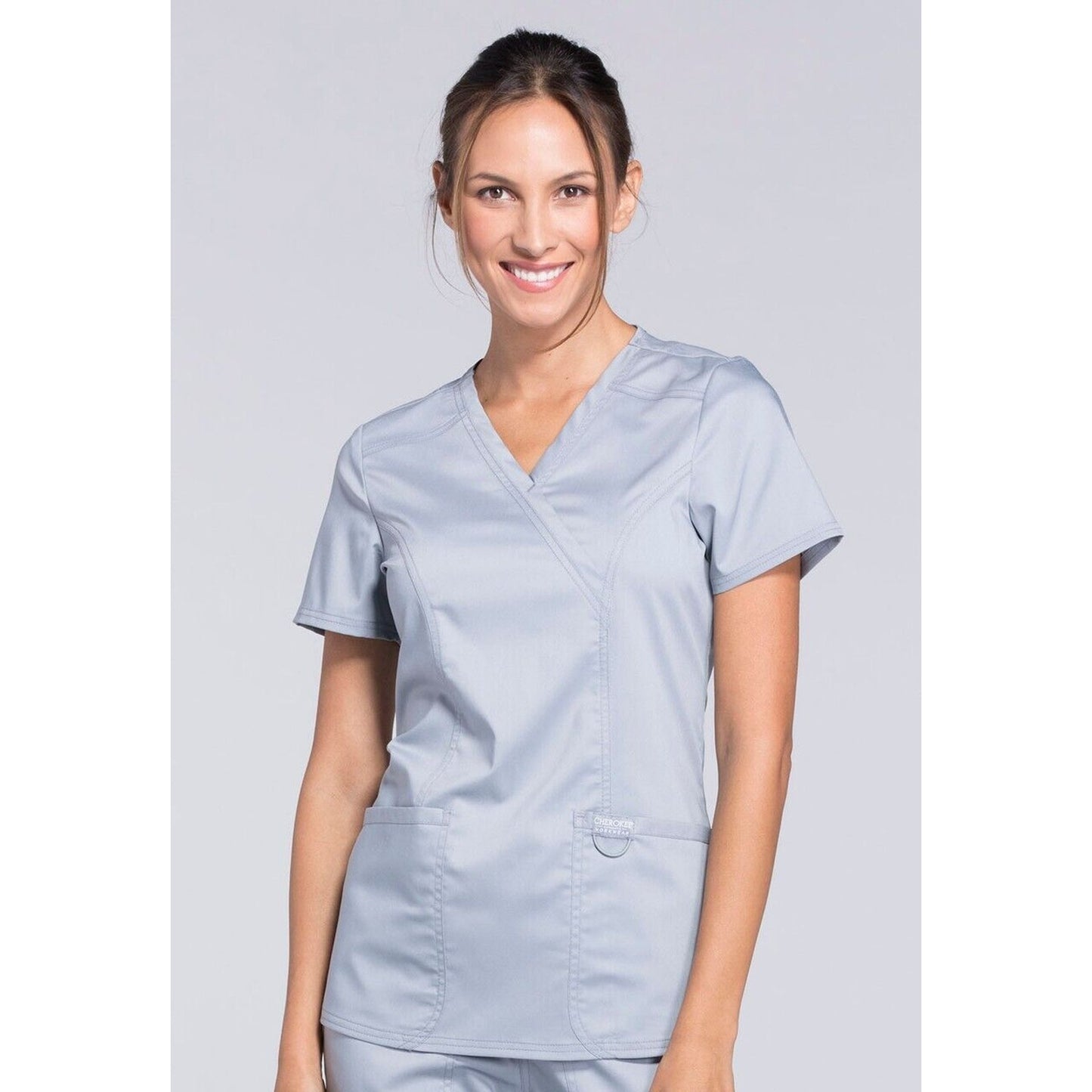 Cherokee Workwear Revolution Gray-Blue Mock Wrap V-Neck Patch Pockets Scrub Top