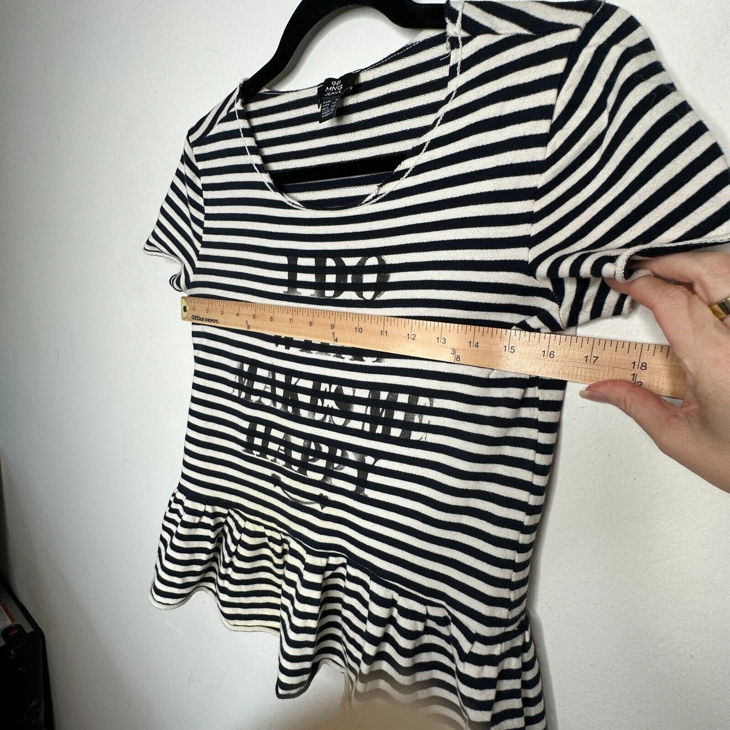 MNG Mango Black White Stripe I Do What Makes Me Happy Short Sleeve Ruffle Tee SM