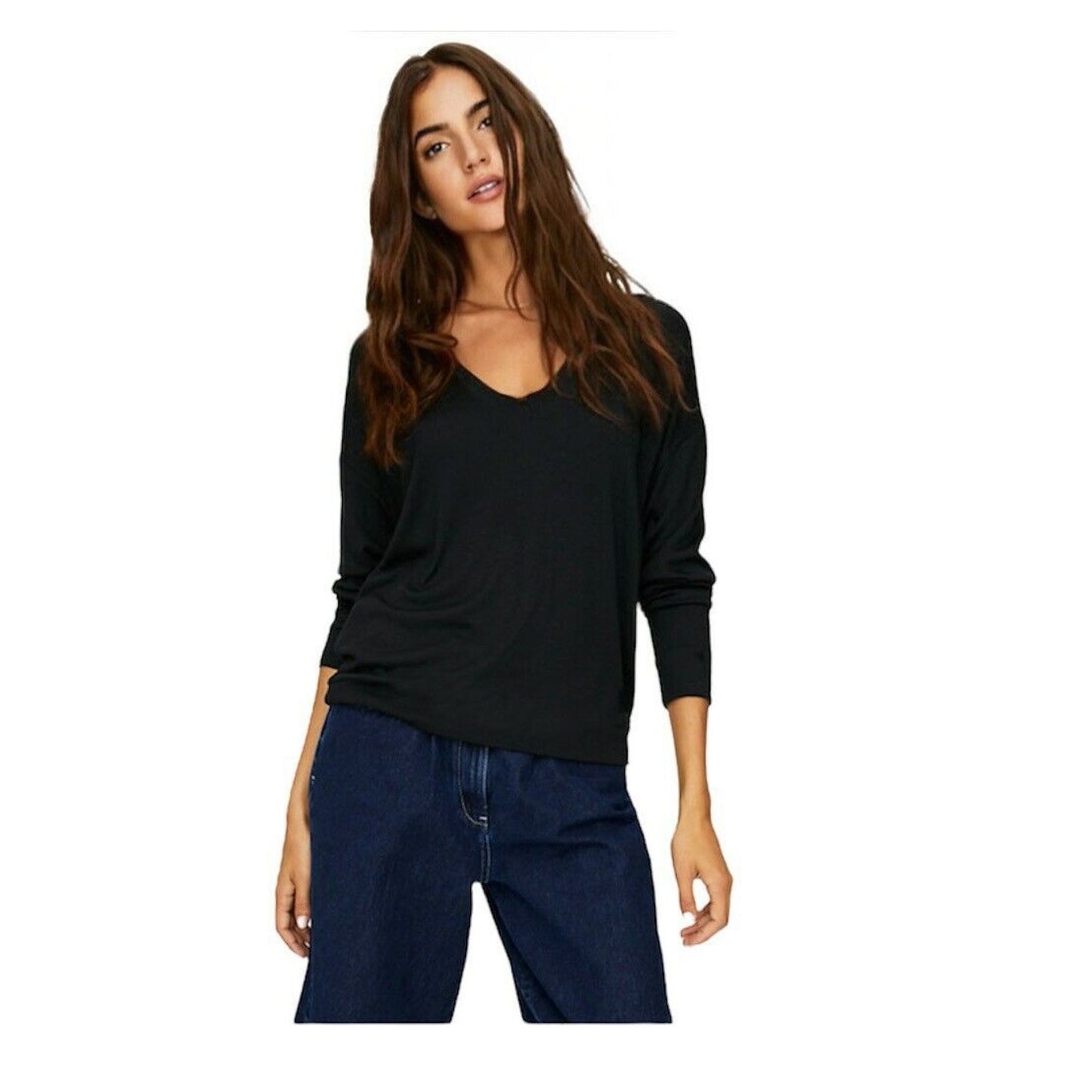 Aritizia Wilfred Free Black Thin Knit V-Neck 3/4 Sleeve Boxy Sweater Jumper M