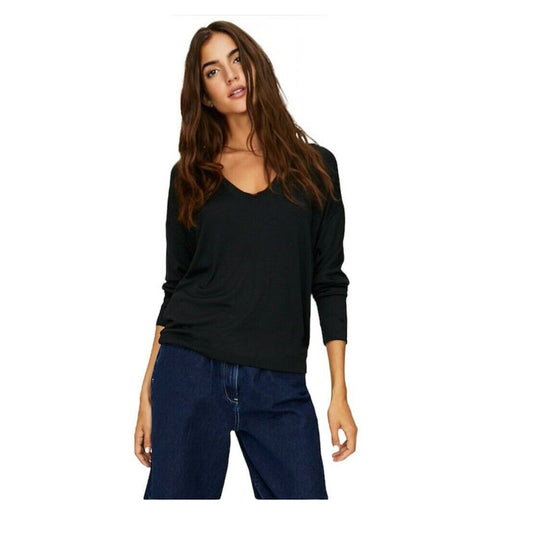 Aritizia Wilfred Free Black Thin Knit V-Neck 3/4 Sleeve Boxy Sweater Jumper M