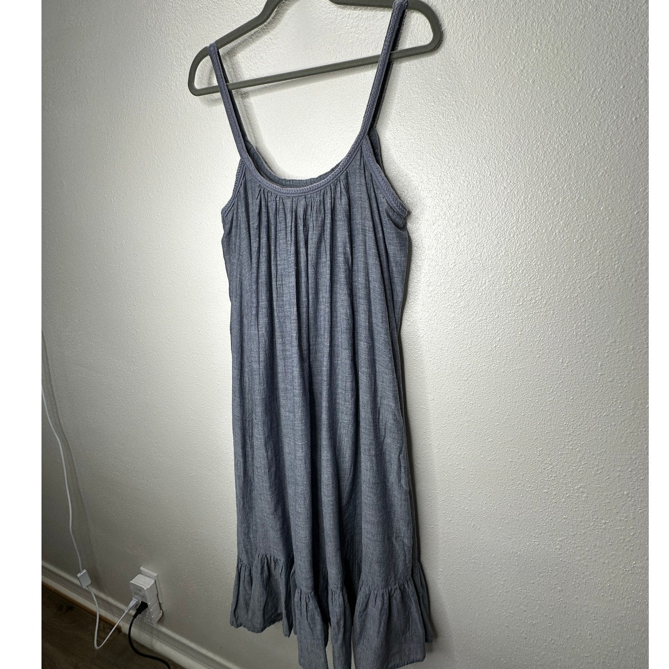 Vetiver Blue Gray Denim Round Braided Neckline & Strap Ruffle Dress 4