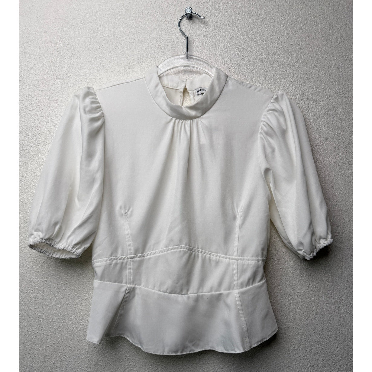 NWT HYFVE White 3/4 Puff Sleeve Peplum Top Womens M