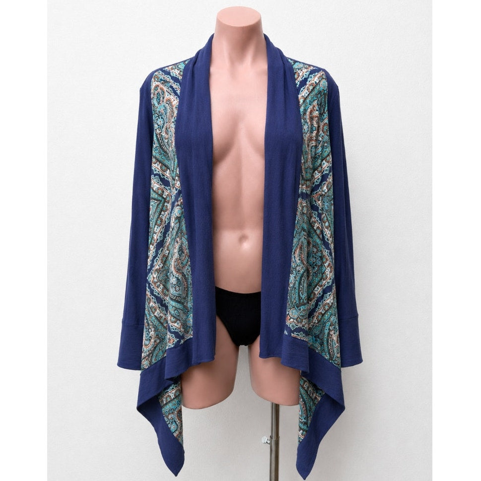 Vertigo Satin High Low Paisley Royal Blue Orange Long Sleeve Drape Cardigan S