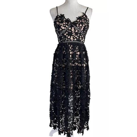 Aqua Black Lace Overlay Tan Lining Spaghetti Strap Cami Midi Dress SM