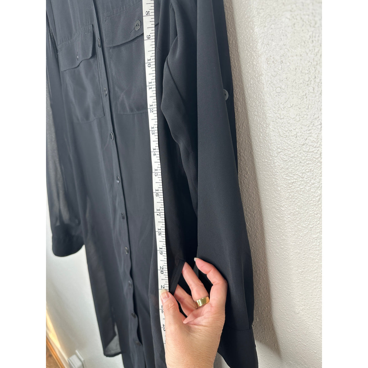Comme Black Sheer Collared Front Button High Low Long Sleeve Shirtdress S / M