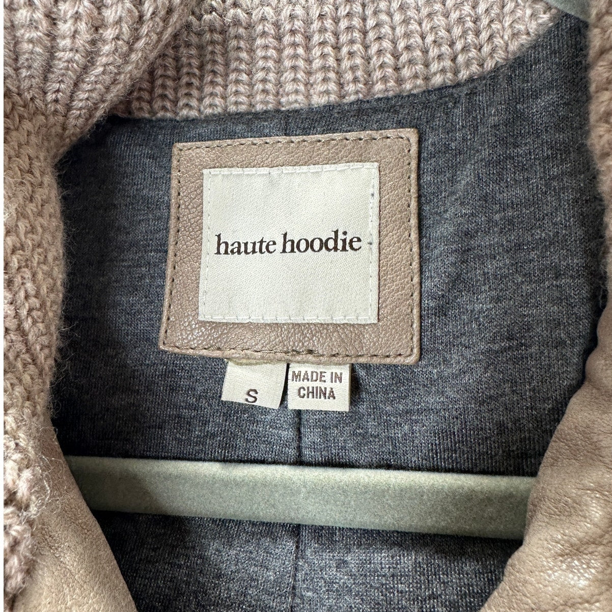 Haute Hoodie Fawn Taupe Lamb & Ribbed Knit Front Zip Hoodie Jacket S