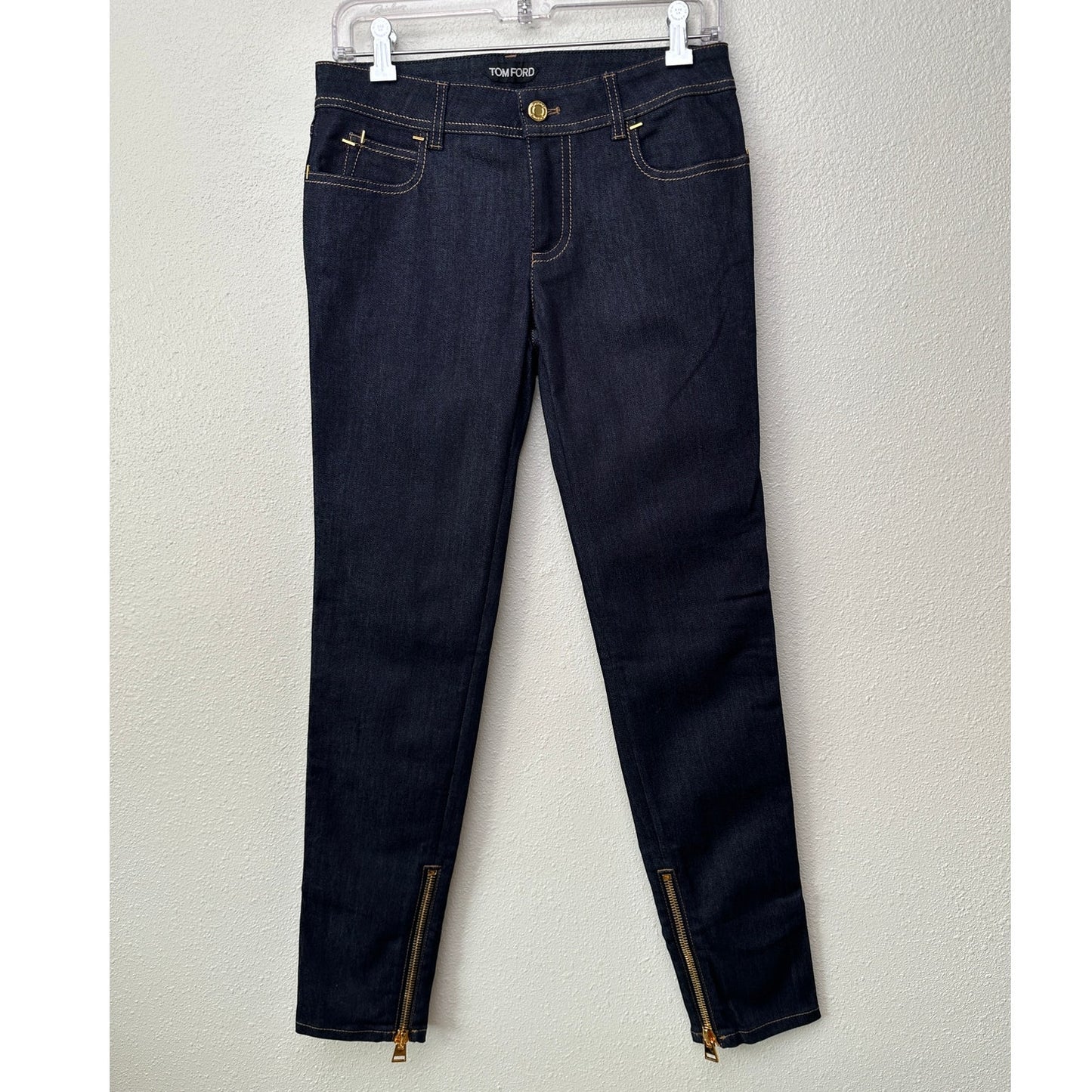 NWT Tom Ford Dark Indigo Skinny Jeans Women’s 29 Low Rise Gold Zip Ankles