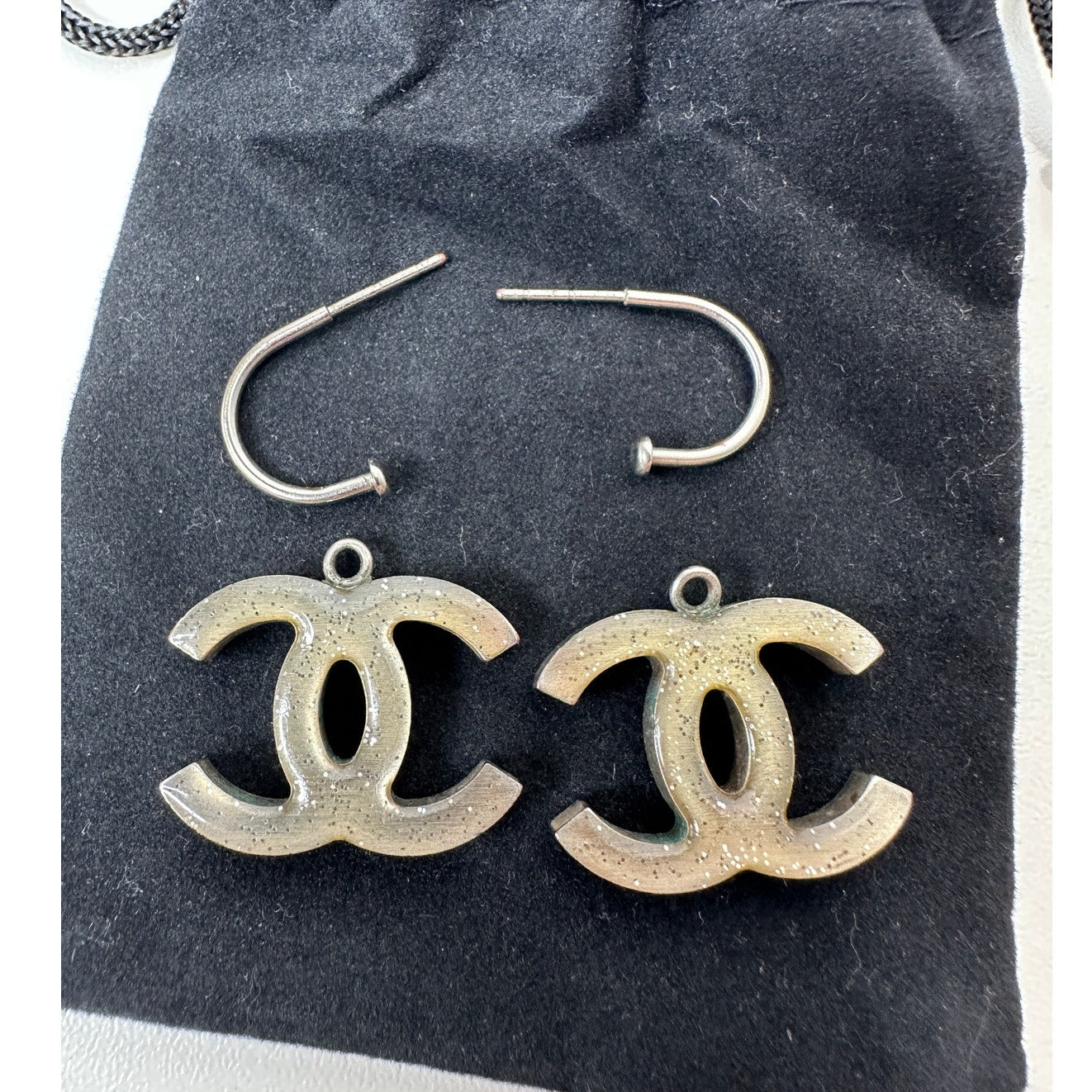 Chanel Baguette Stone Logo Silver Earrings Boucles Oreille Crystal