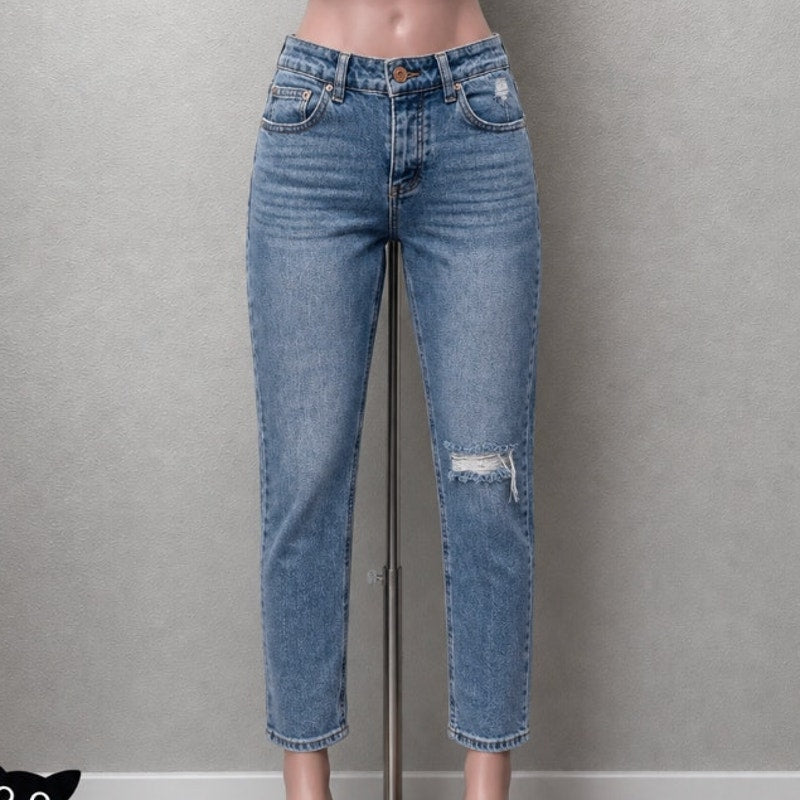 Wild Fable Medium Blue Wash Distressed Knee Slim-Fit Button Front Fly Jeans 0