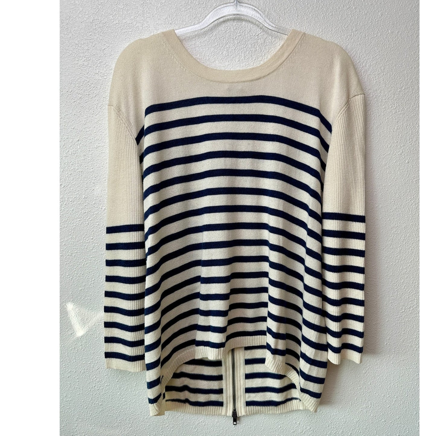 Vince Striped Sweater Cream Navy Women's US L High Low Back Zip