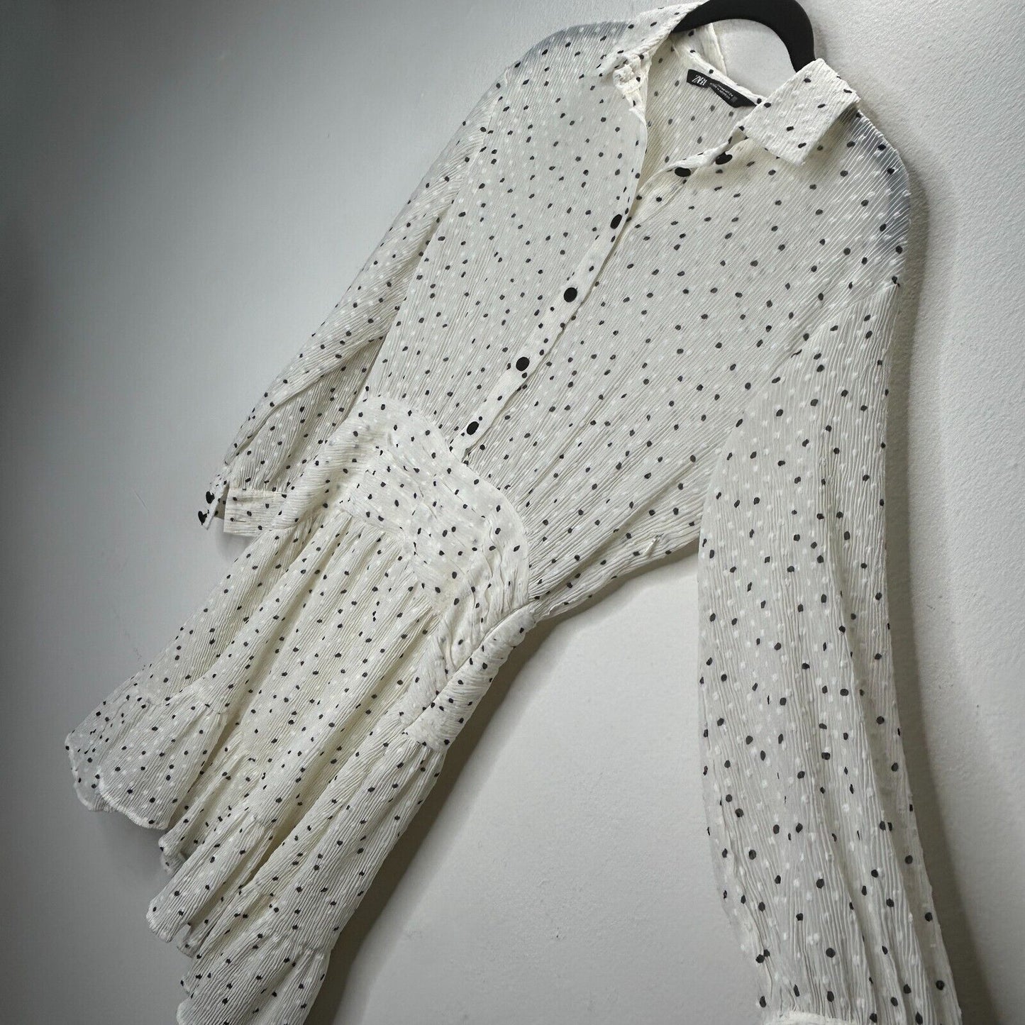 Zara Cream Black Dotted Swiss Long Sleeve 1/2 Button Collared Ruffle Hem Dress