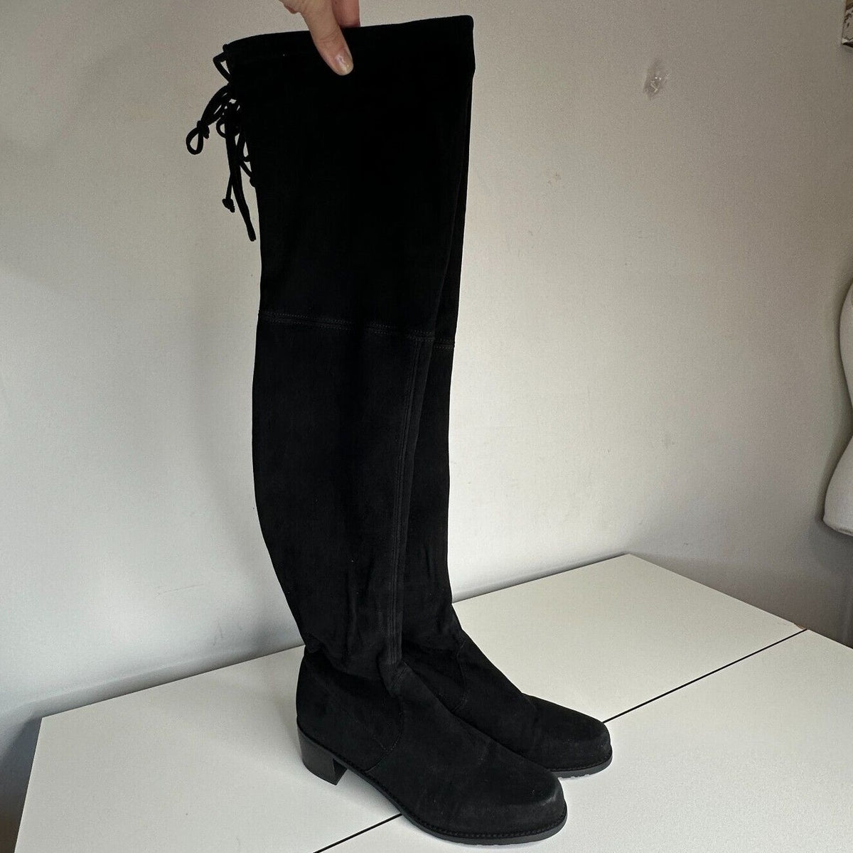 Stuart Weitzman Black Suede Lowland Over-The-Knee Flat Heel Lace up Boots 7