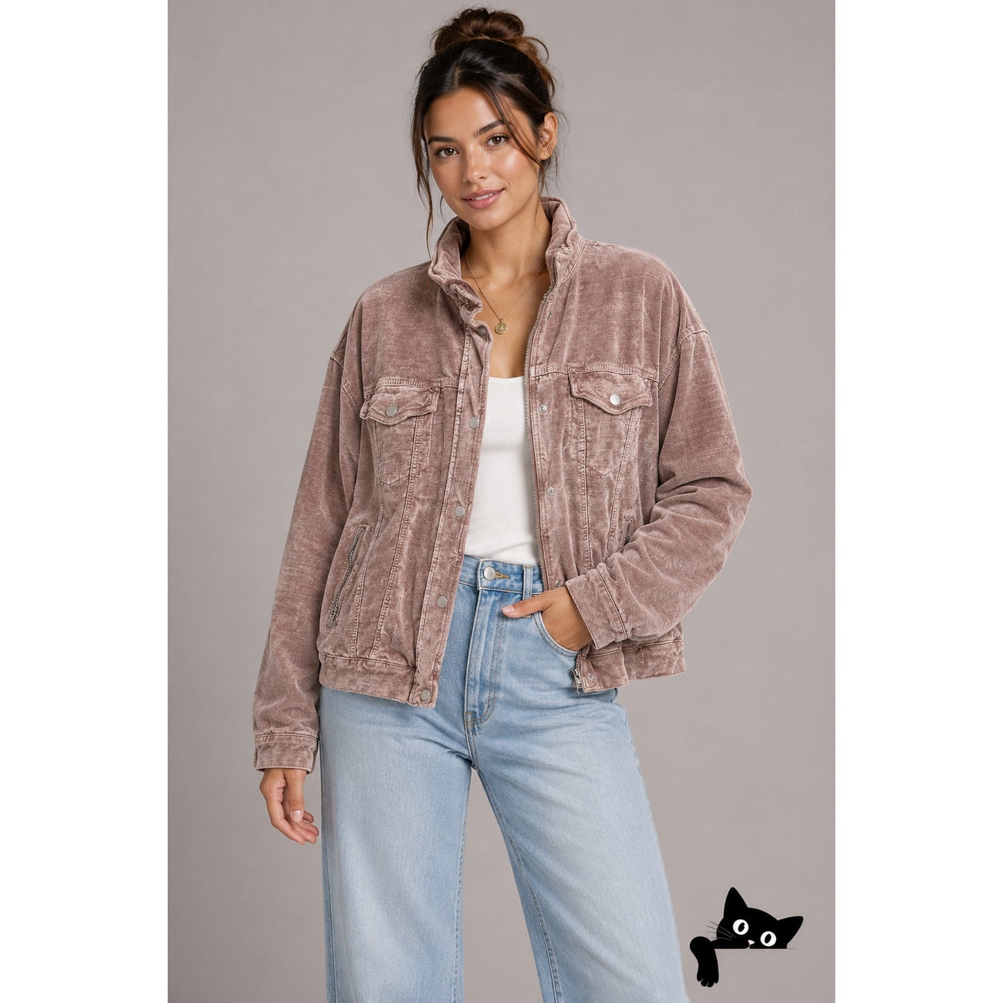 Free People Mauve Velvet Front Zip Trucker Bomber Jacket XS / S