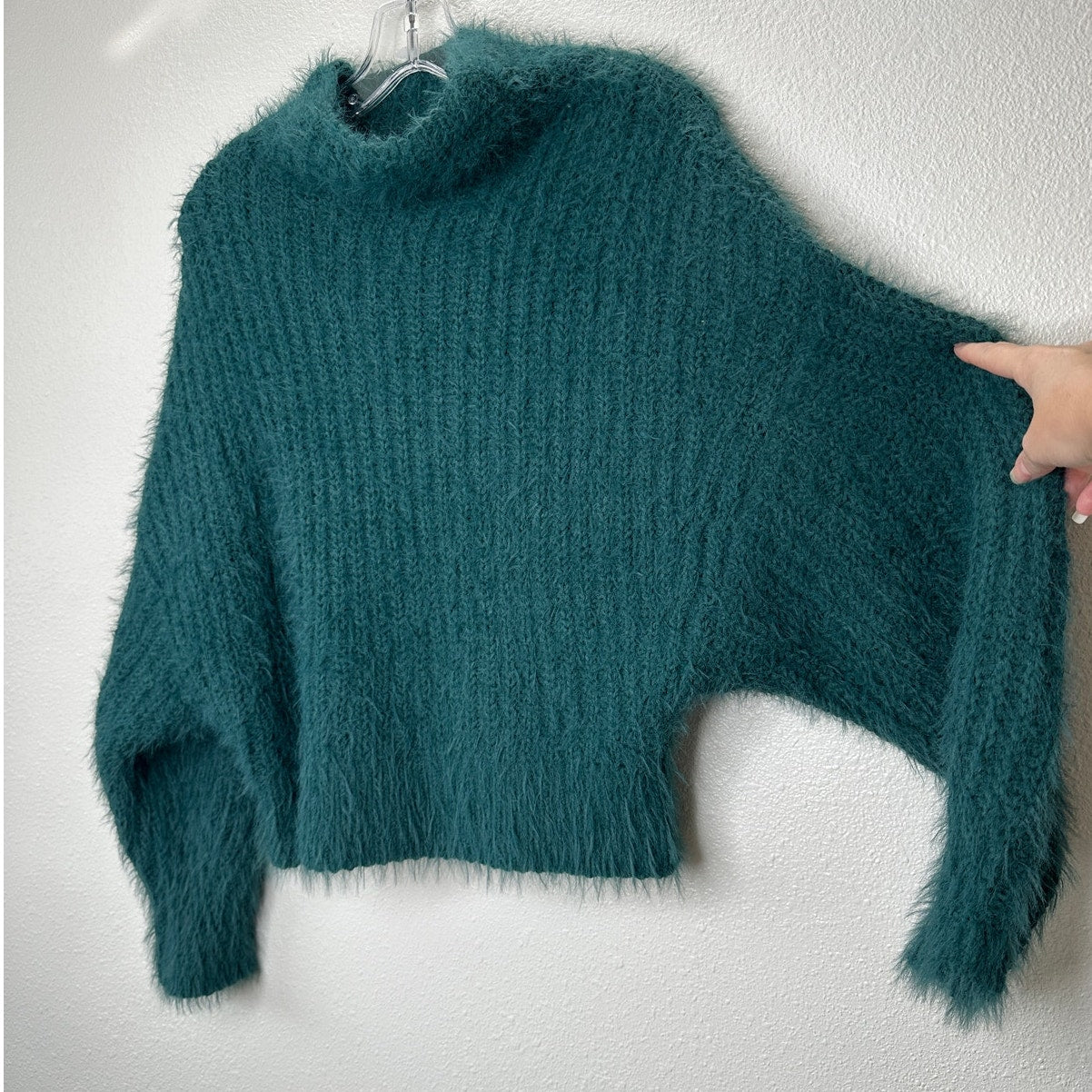 Express Green Fuzzy Long Sleeve Mock Neck Crop Sweater XS